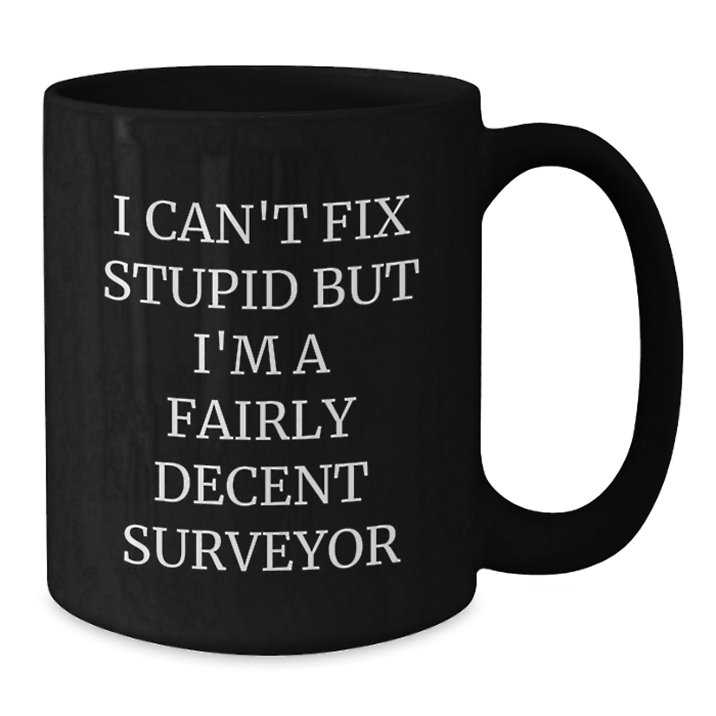 Funny Surveyor Mugs Gifts for Surveyor Friends, Birthday Unique Gifts from Friends, Black Coffee Mug with Humorous Quote, I Can't Fix Stupid But I'm A Fairly Decent Surveyor - Additional