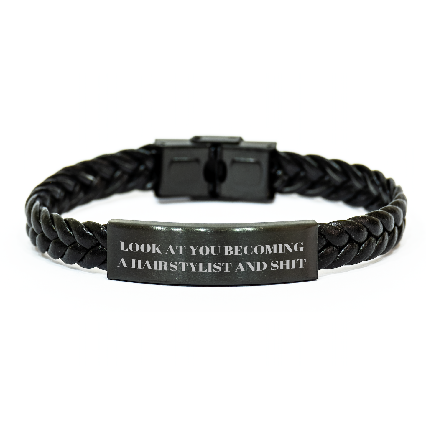 Hairstylist Gifts from Friends for Graduation Unique Interlaced Leather Braces with Funny Quote 'Look At You Becoming A Hairstylist And Shit' for Men and Women - Image 1