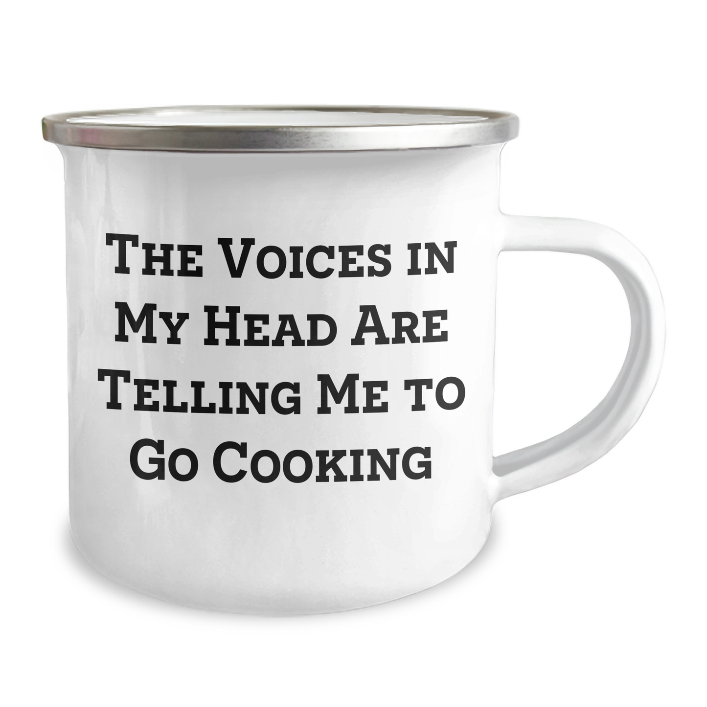 Funny Cooking Quote Camping Mug, Gifts from Men to Cooking Enthusiasts for Father's Day, 'The Voices In My Head Are Telling Me To Go Cooking' - 12 oz Stainless Steel with Enamel Finish - Image 2