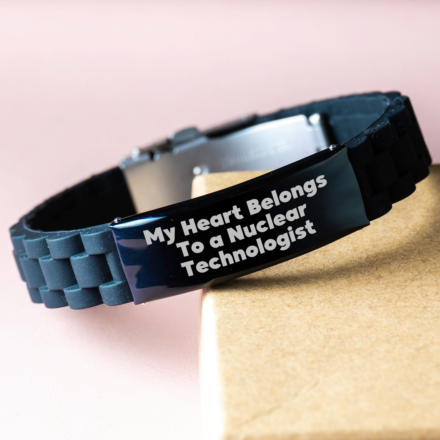 Funny Nuclear Technologist Gifts from Men, My Heart Belongs To A Nuclear Technologist, Glide lock Clasp Black Stainless Steel Silicone Adjustable Bracelet for Father's Day - Image 3