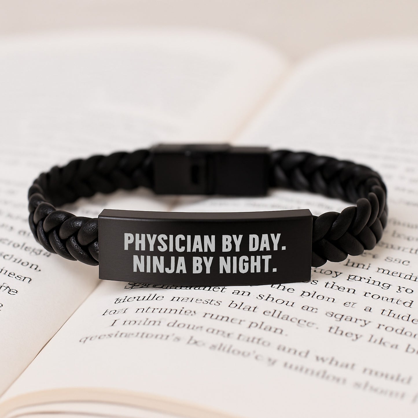 Funny Physician Gifts from Friends Birthday Unique Interlaced Leather Bracelet, Stainless Steel Engraved Ninja Physician By Day - Image 3