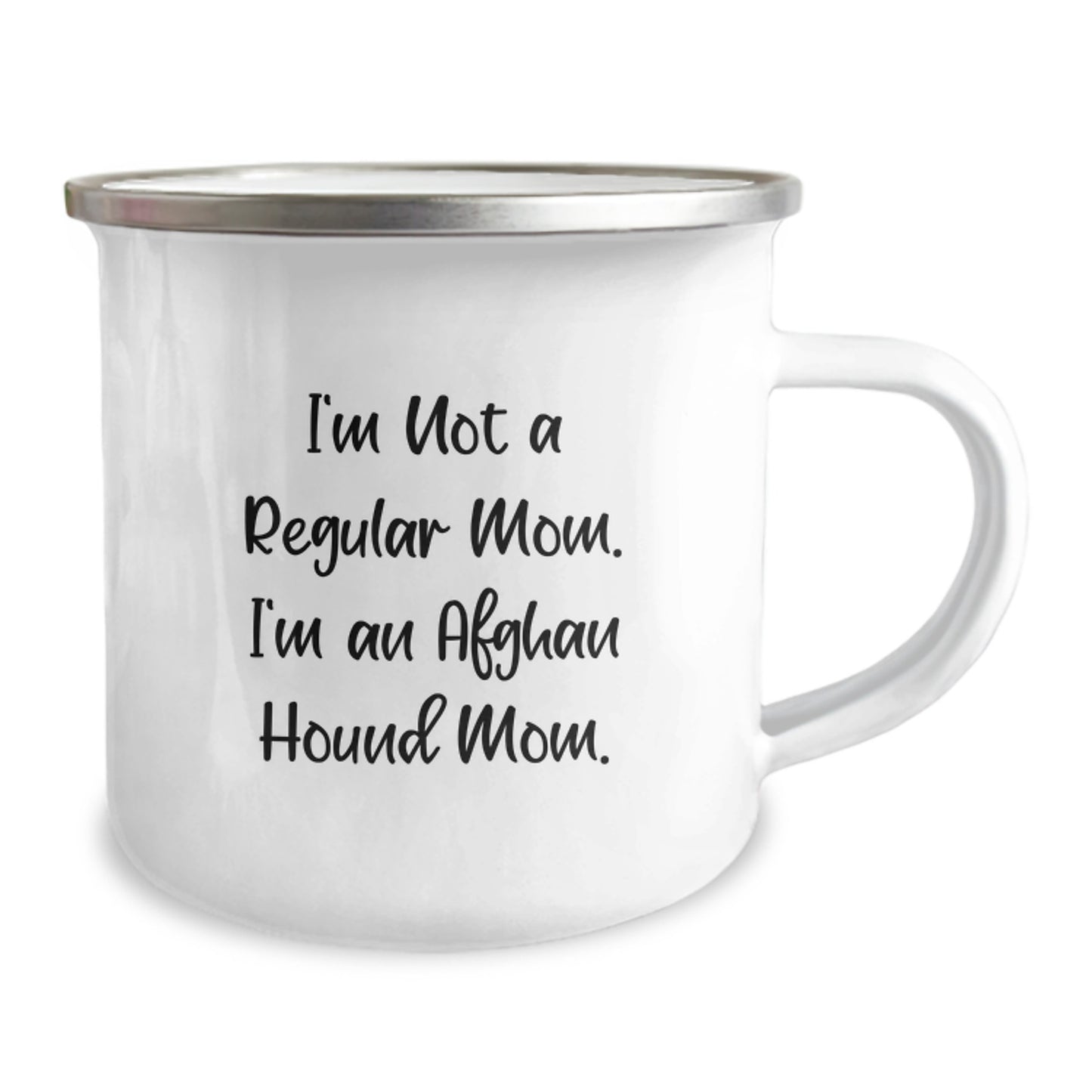 Funny Afghan Hound Dog Gifts for Mom from Friends, Camping Mug for Graduation Unique Occasions, 'I'm Not A Regular Mom. I'm An Afghan Hound Mom.' Enamel Stainless Steel 12 Oz - Image 2