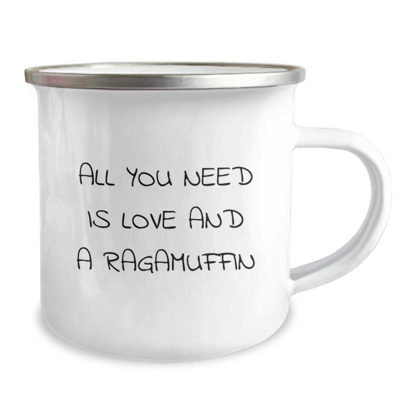 Funny Ragamuffin Cat Camping Mug, Gifts from Men to Friends for Graduation, 'All You Need Is Love And A Ragamuffin' Quote - Image 2