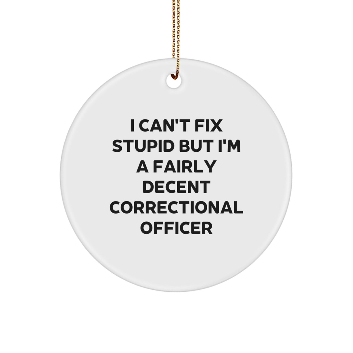 Funny Correctional Officer Gifts from Friends for Men, I Can't Fix Stupid But I'm A Fairly Decent Correctional Officer Circle Ornament, Christmas Unique Gifts - Image 1