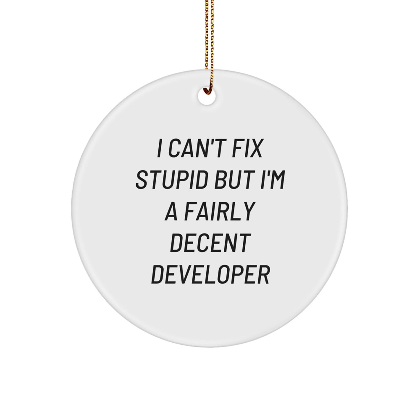 Funny Developer Gifts from Friends for Christmas - I Can't Fix Stupid But I'm A Fairly Decent Developer Circle Ornament - Image 1