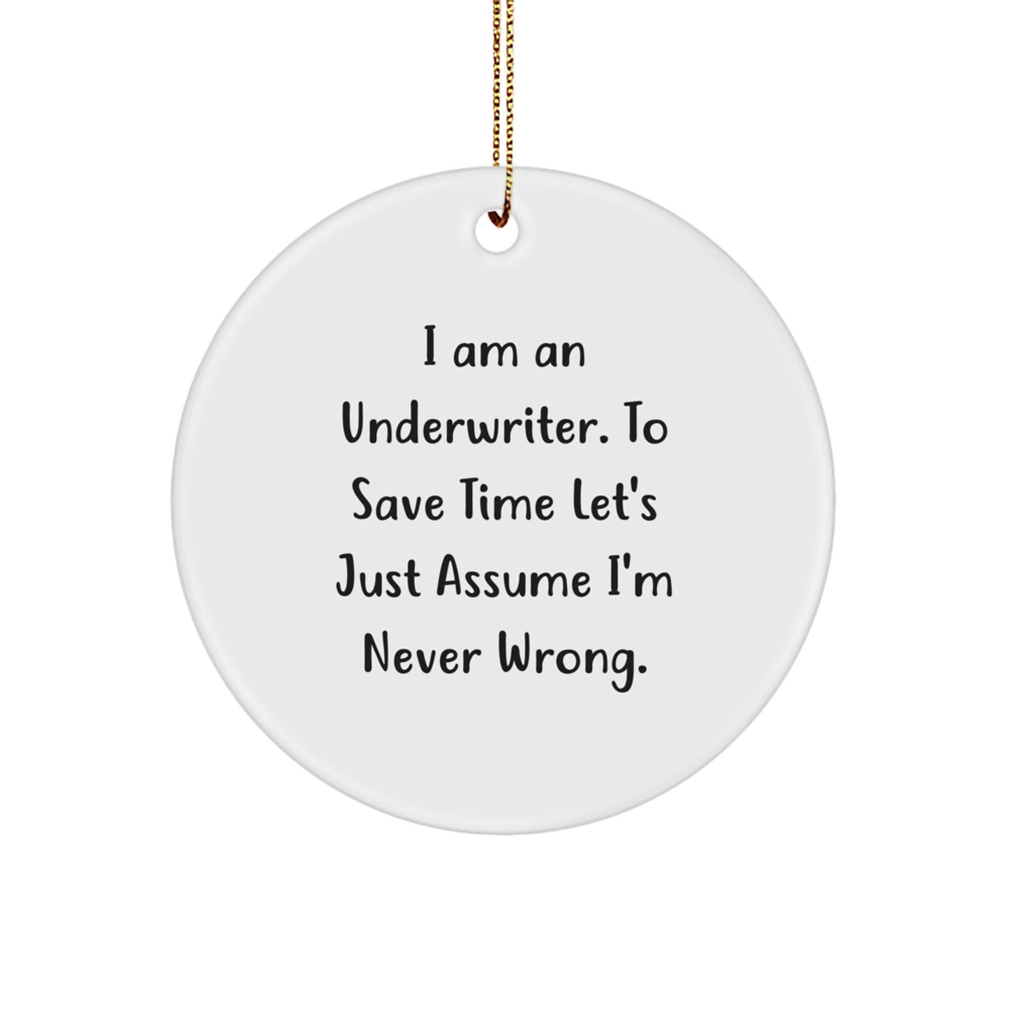 Funny Underwriter Gifts from Men for Friends - Christmas Circle Ornament with I'm Never Wrong Quote - Image 1