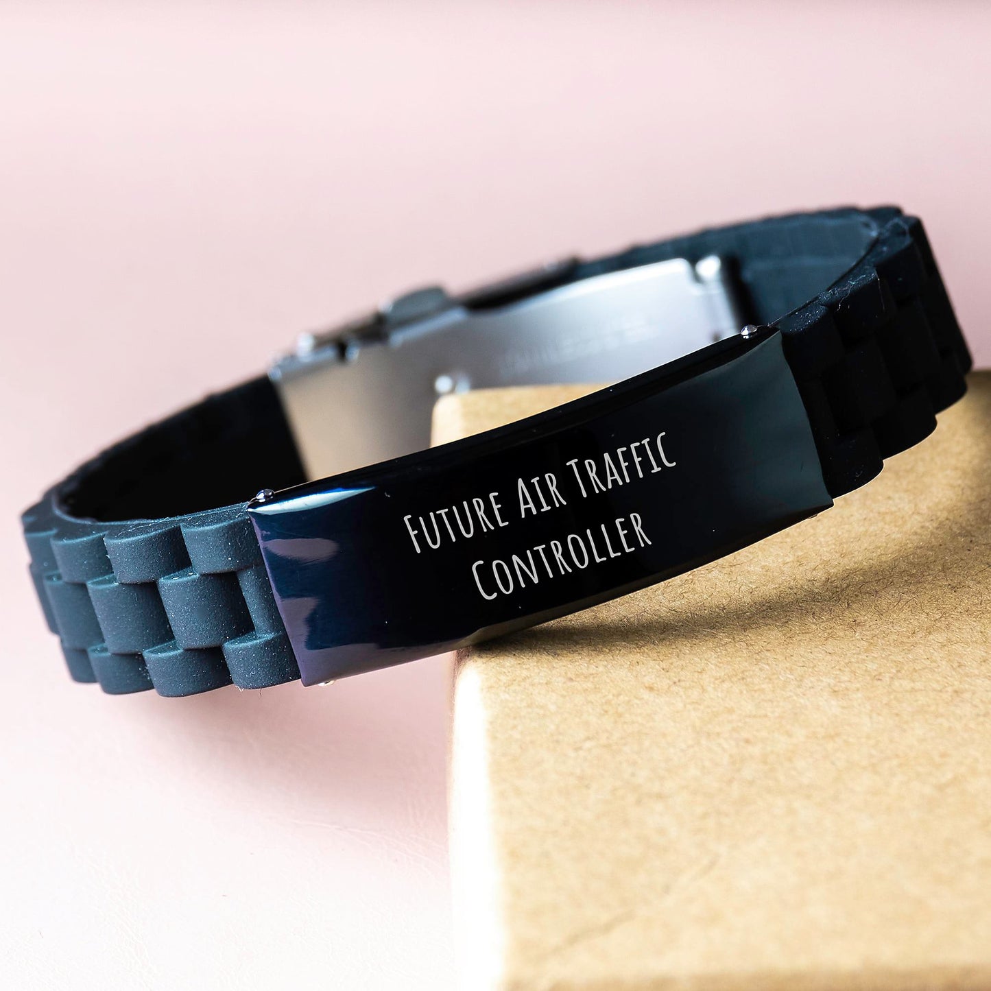 Inspiring Future Air Traffic Controller Gifts from Friends to Men on Graduation Unique Occasions with Funny Quote - Glide lock Clasp Black Silver Stainless Steel Silicone Adjustable Bracelet - Image 3
