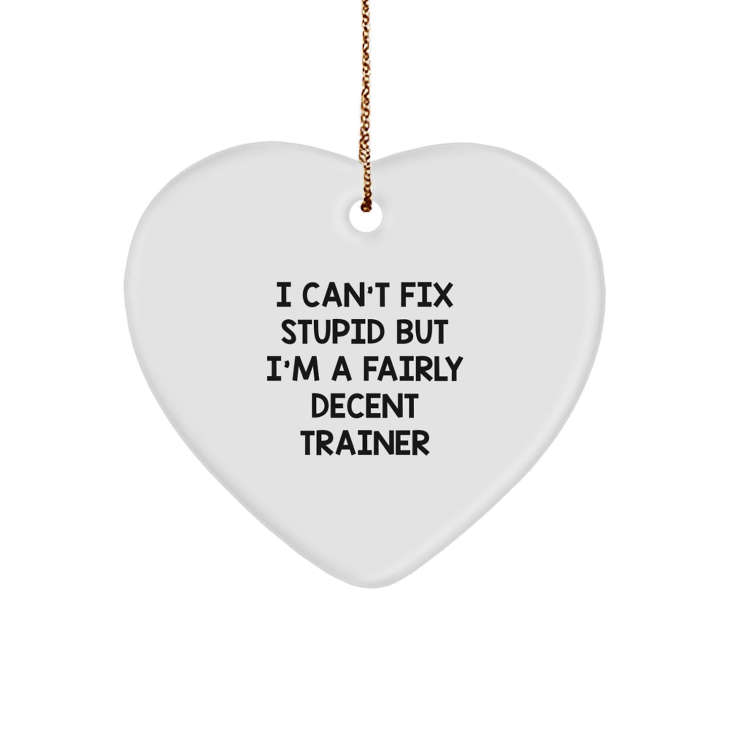 Funny Trainer Gifts from Friends - Heart Ornament with 'I Can't Fix Stupid But I'm A Fairly Decent Trainer' Quote for Christmas - Image 1