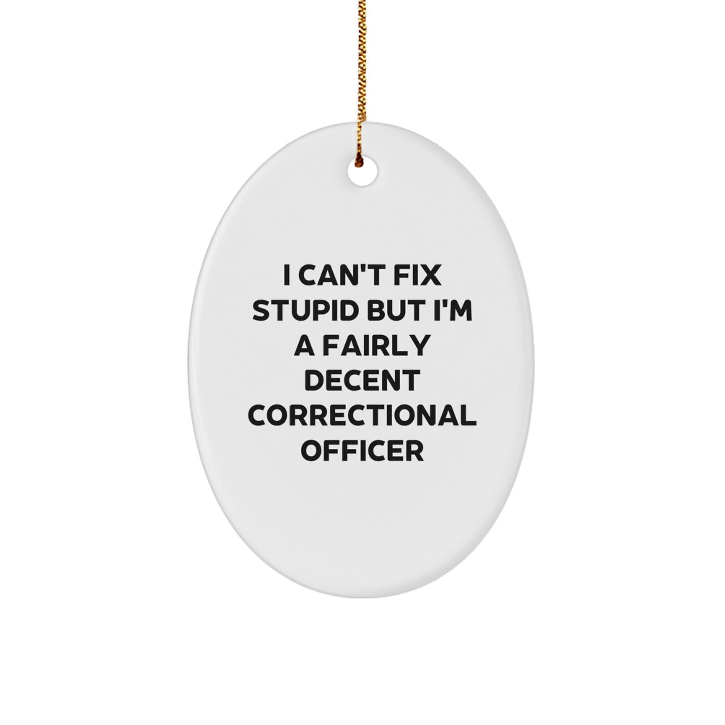 Funny Correctional Officer Gifts - 'I Can't Fix Stupid But I'm A Fairly Decent' Oval Ornament for Christmas - Image 1