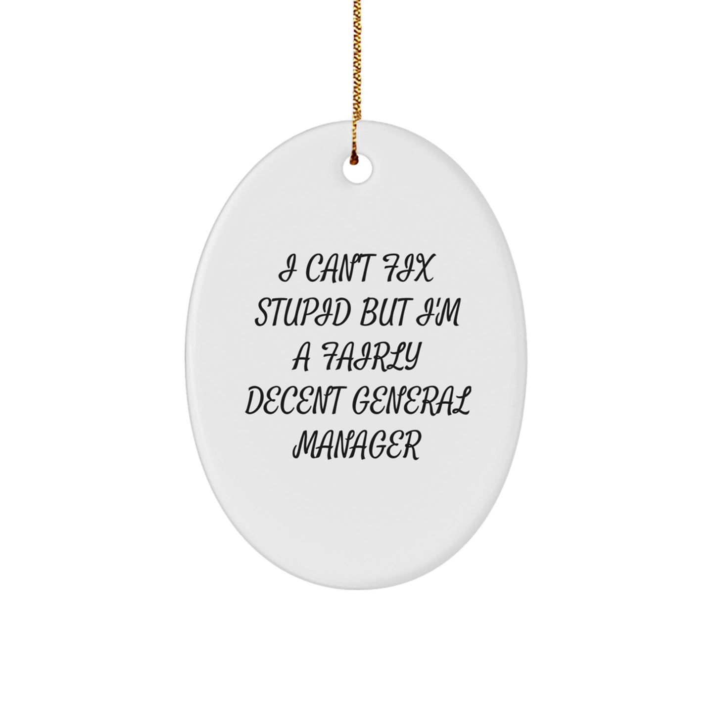 Funny General Manager Gifts, 'I Can't Fix Stupid But I'm A Fairly Decent General Manager', Oval Ornament for Christmas from Friends - Image 1