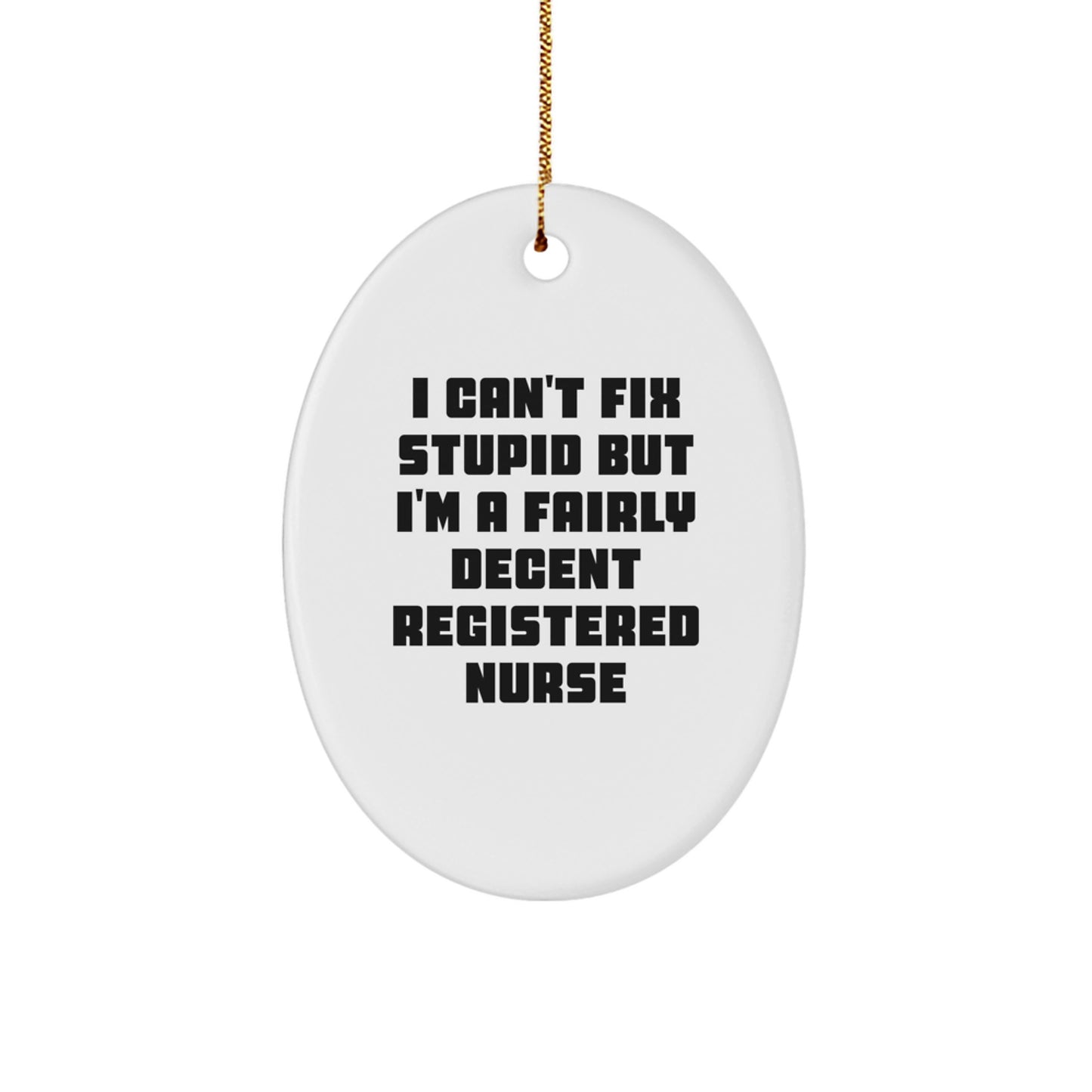 Funny Registered Nurse Gifts for Christmas, Oval Ornament with 'I Can't Fix Stupid But I'm A Fairly Decent Registered Nurse', Unique Christmas Unique Gifts from Friends to Family - Image 1
