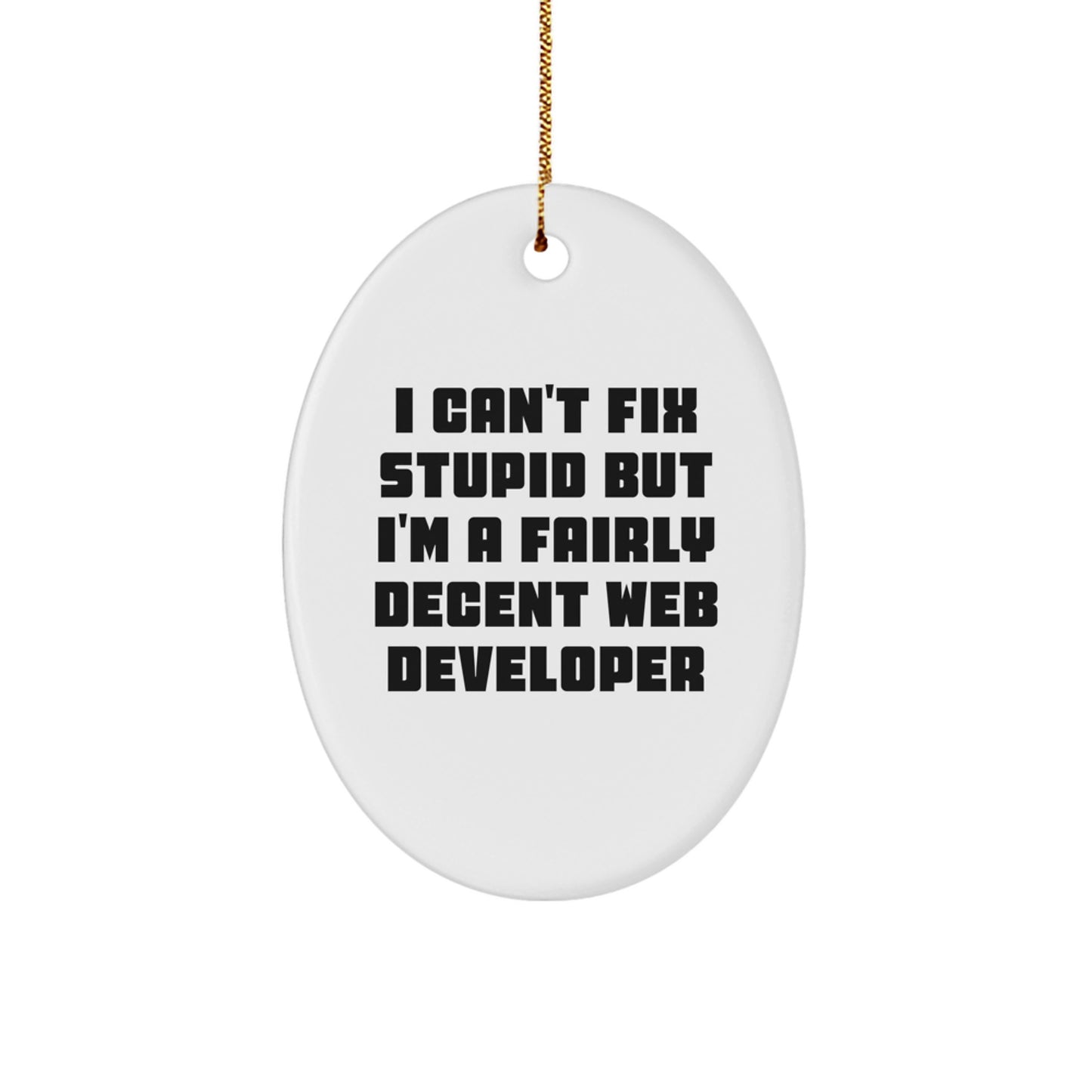 Funny Web Developer Gifts, I Can't Fix Stupid But I'm A Fairly Decent Web Developer Oval Ornament, White, Christmas Unique Gifts from Friends to Coworkers - Image 1