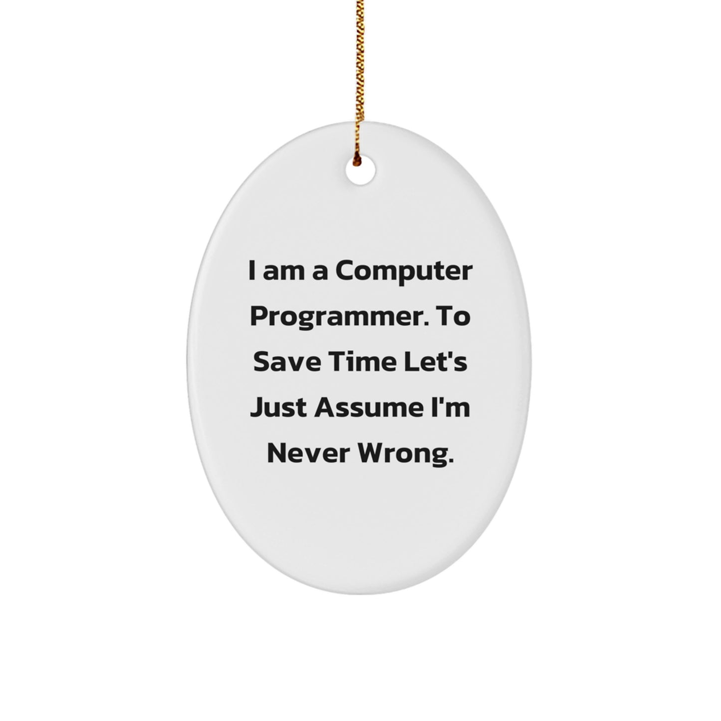 Funny Computer Programmer Gift for Men - Oval Ornament I Am Never Wrong Quote, Christmas Unique Gifts, Computer Programmer Decorations, Oval Shaped MDF Wood, Gold Cord - Image 1