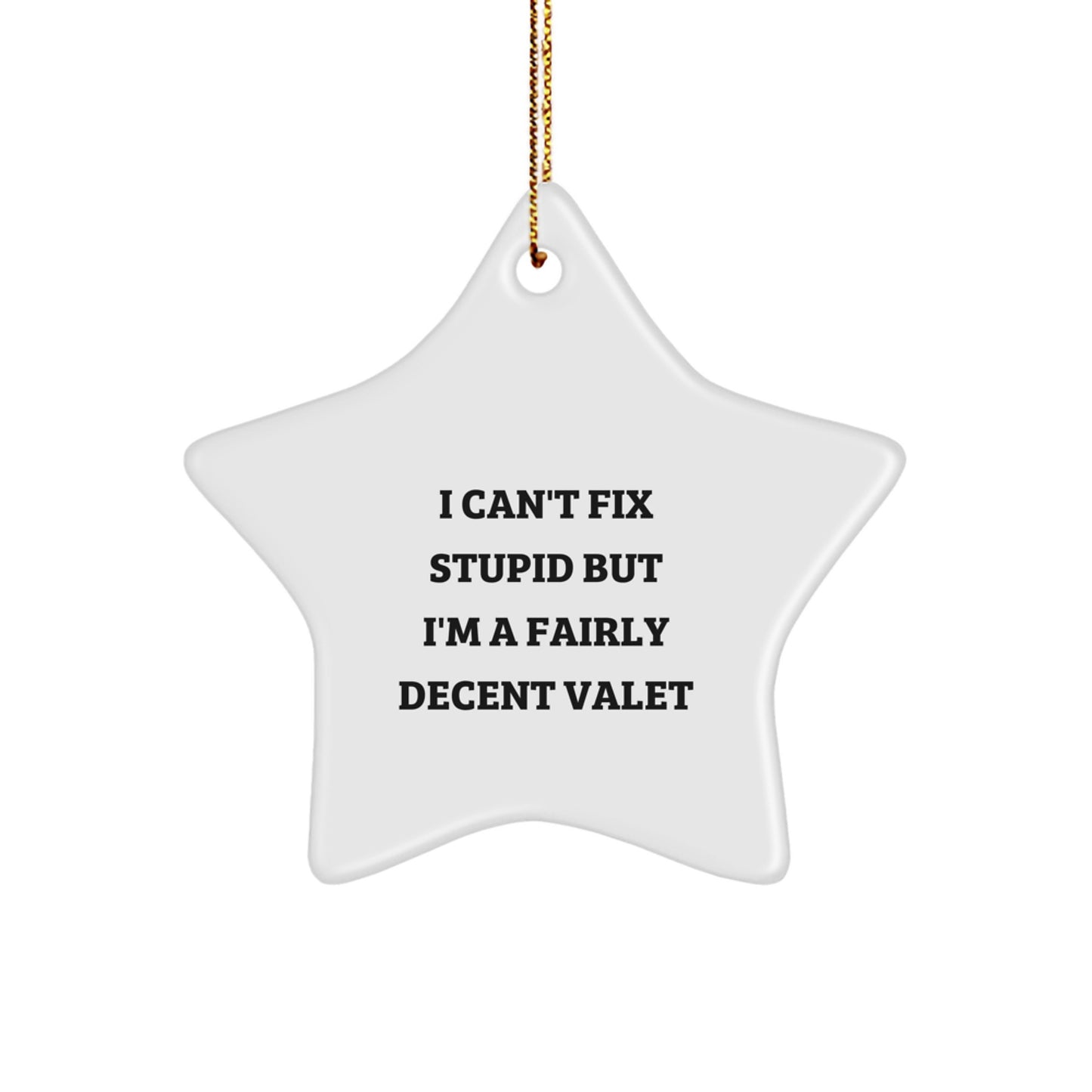 Funny Valet Gifts from Friends and Family - 'I Can't Fix Stupid But I'm A Fairly Decent Valet' Star Ornament for Men or Women, Christmas Unique Gifts - Image 1