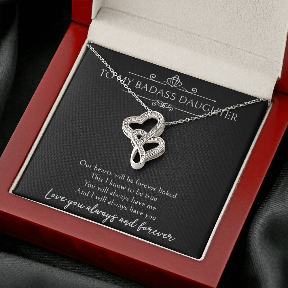 To My Badass Daughter Gifts, Our Hearts Will Be Forever Linked, Double Heart Necklace For Women, Birthday Present Ideas From Mom Dad