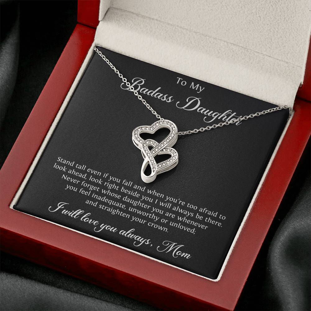 To My Badass Daughter Gifts, Stand Tall Even If You Fall, Double Heart Necklace For Women, Birthday Present Idea From Mom