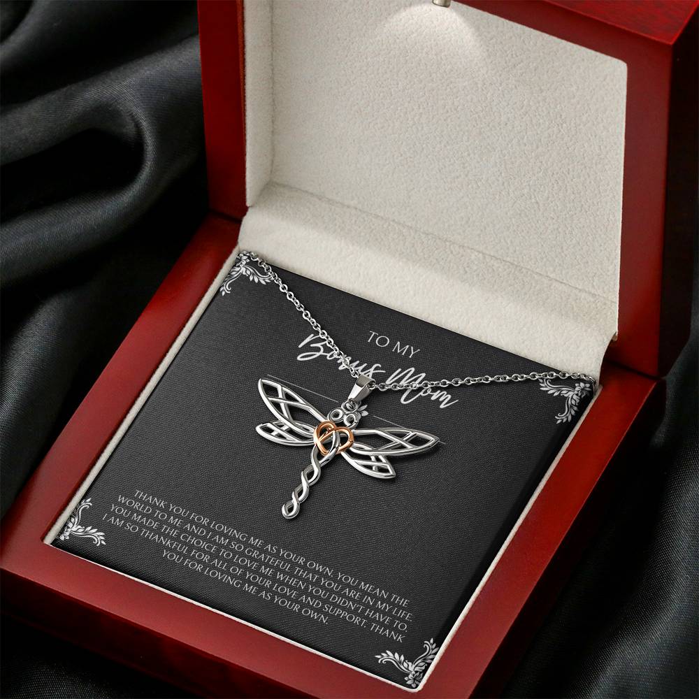 To My Bonus Mom Gifts, You Mean The World To Me , Dragonfly Necklace For Women, Birthday Mothers Day Present From Bonus Daughter