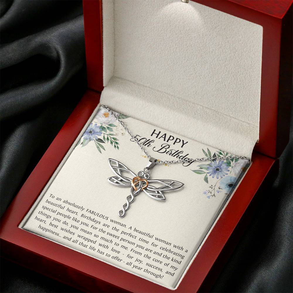 Fabulous Woman Dragonfly Necklace - Beautiful Heart Design | 50th Birthday Gift
