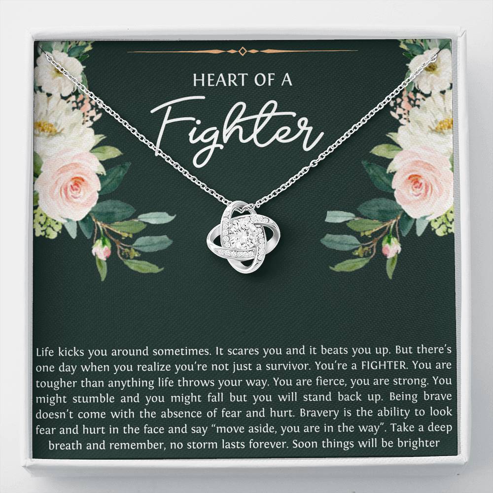 Encouragement Gifts, Heart of a Fighter, Motivational Love Knot Necklace For Women, Sympathy Inspiration Friendship Present