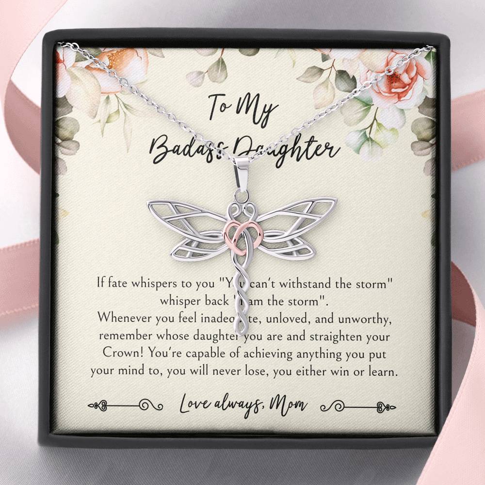 To My Badass Daughter Gifts, When It's Too Hard To Look Back, Dragonfly Necklace For Women, Birthday Present Idea From Mom