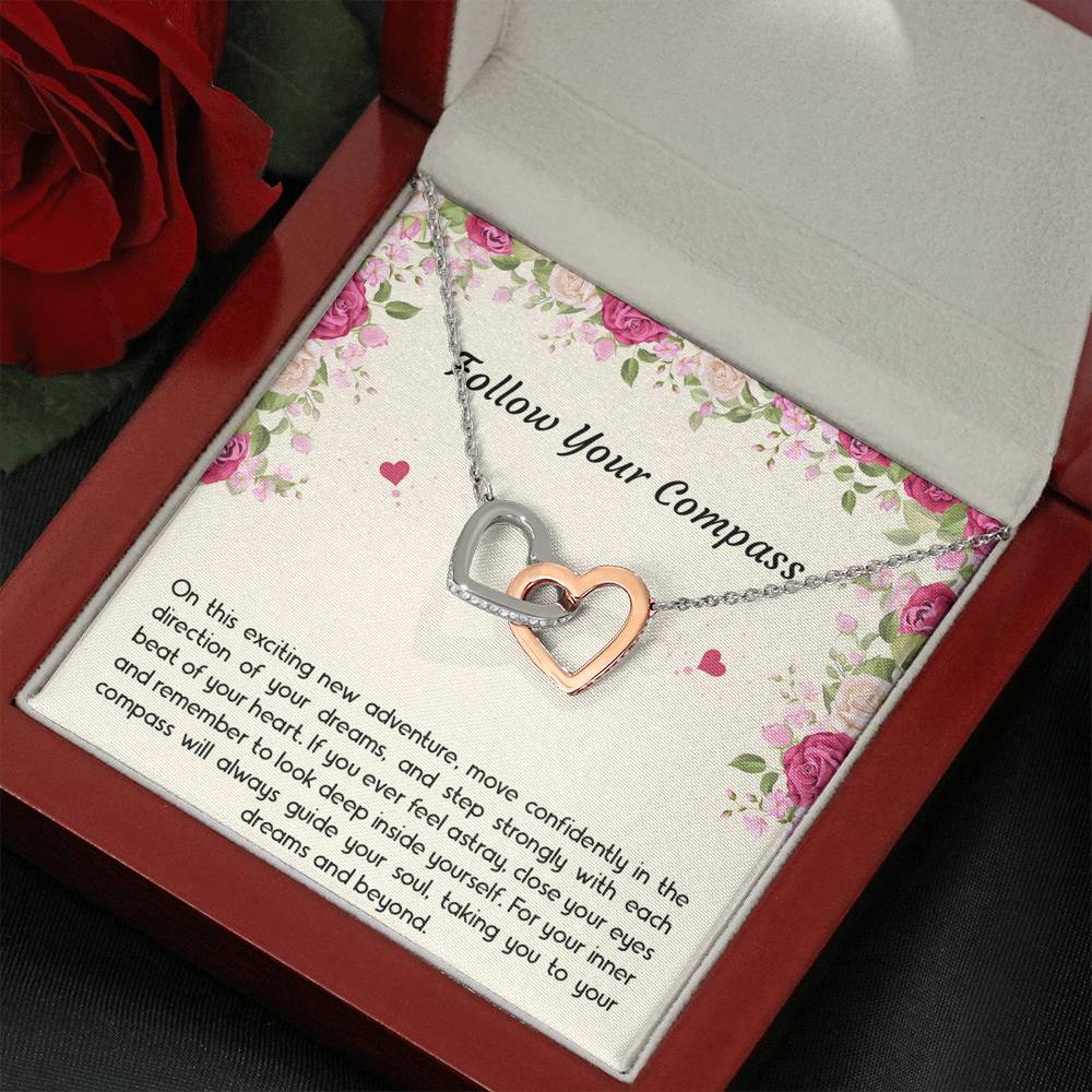 Graduation Gifts, Follow Your Compass, Interlocking Heart Necklace For Women, College Preschool High School Graduation Present