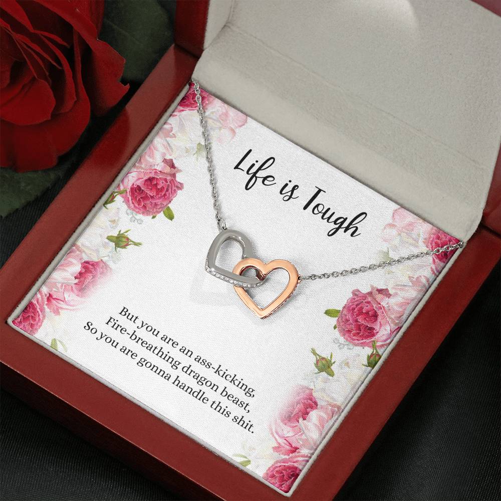 Encouragement Gifts, Life Is Tough, Motivational Interlocking Heart Necklace For Women, Sympathy Inspiration Friendship Present