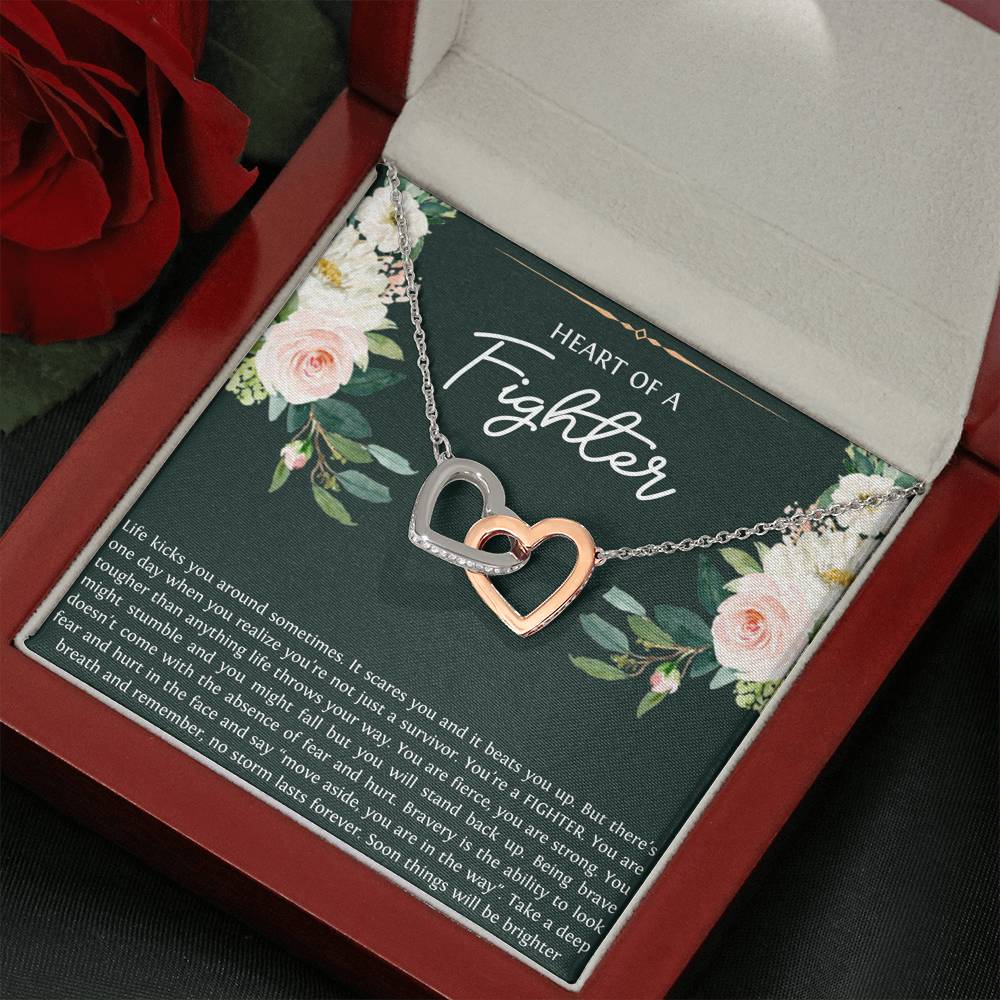 Encouragement Gifts, Heart of a Fighter, Motivational Interlocking Heart Necklace For Women, Sympathy Inspiration Friendship Present