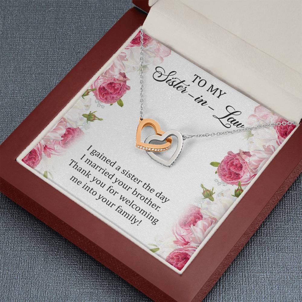 To My Sister-in-law Gifts, I Gained A Sister, Interlocking Heart Necklace For Women, Birthday Present Idea From Sister