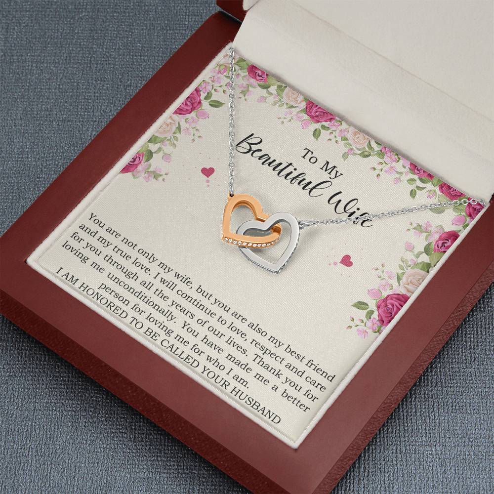 To My Wife, To My Beautiful Wife, Interlocking Heart Necklace For Women, Anniversary Birthday Gifts From Husband