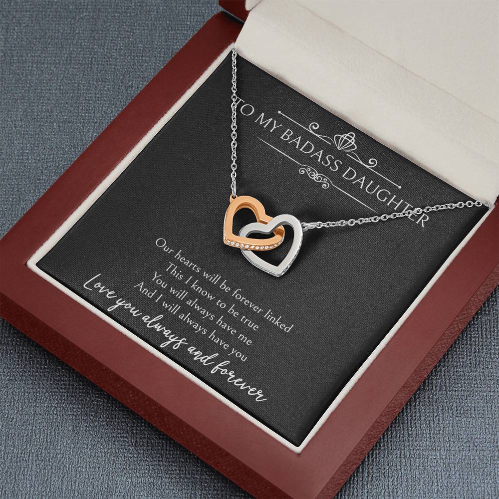 To My Badass Daughter Gifts, Our Hearts Will Be Forever Linked, Interlocking Heart Necklace For Women, Birthday Present Ideas From Mom Dad