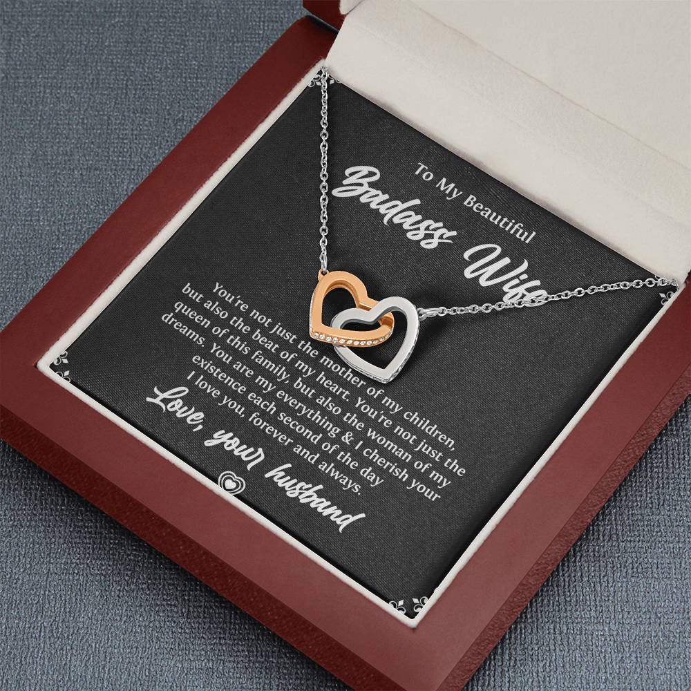 To My Badass Wife, Beat Of My Heart, Interlocking Heart Necklace For Women, Anniversary Birthday Valentines Day Gifts From Husband