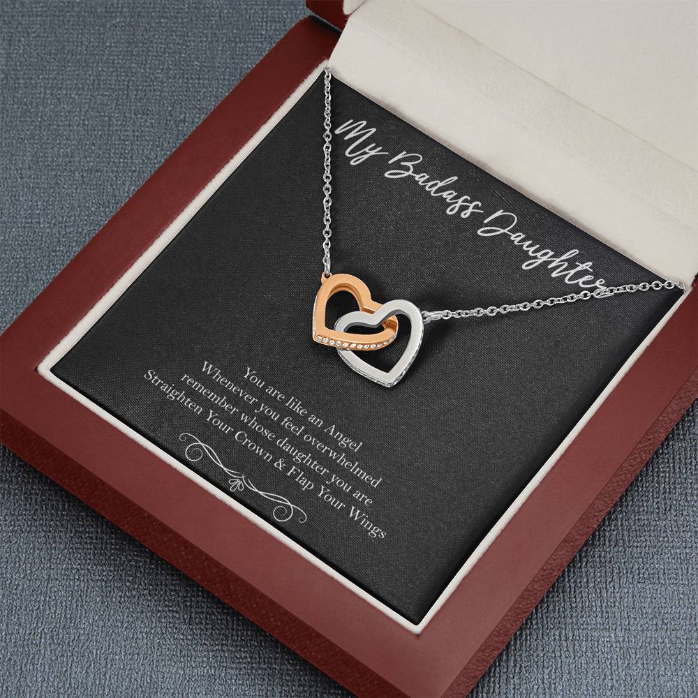To My Badass Daughter Gifts, You Are Like An Angel, Interlocking Heart Necklace For Women, Birthday Present Idea From Mom