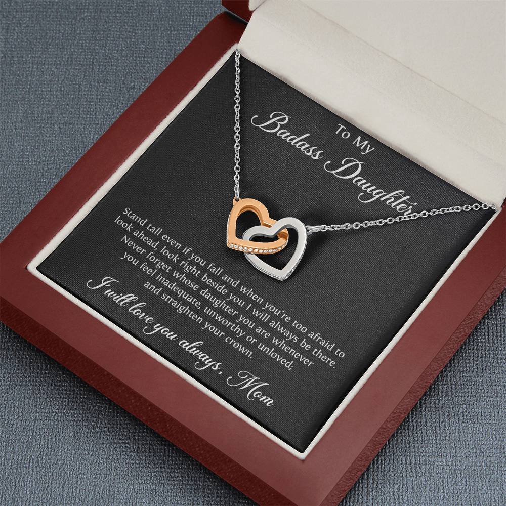 To My Badass Daughter Gifts, Stand Tall Even If You Fall, Interlocking Heart Necklace For Women, Birthday Present Idea From Mom