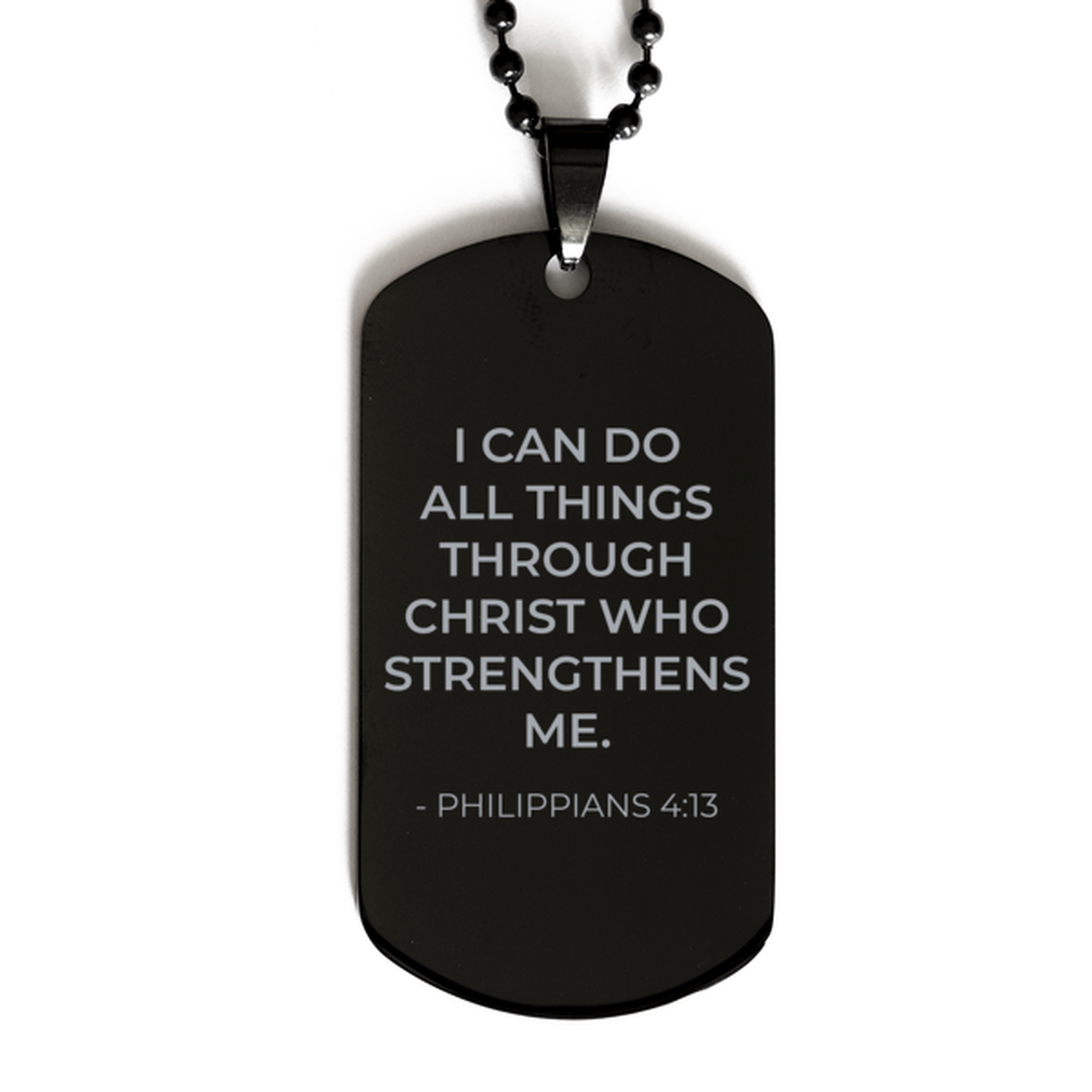 Bible Verse Black Dog Tag, Philippians 4:13 I Can Do All Things Through Christ Who, Christian Inspirational Necklace Gifts For Men Women