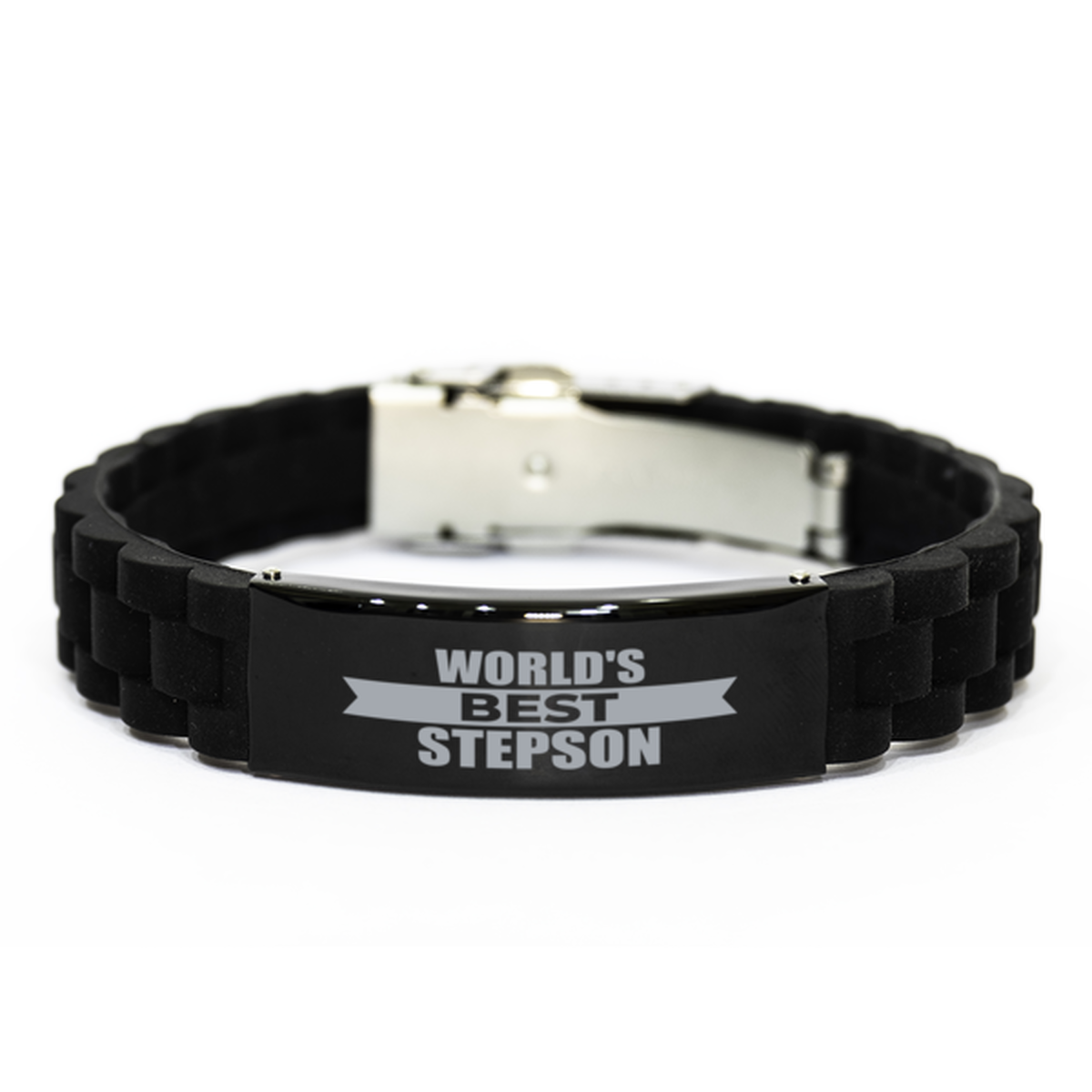 World's Best Stepson Gifts, Funny Black Engraved Bracelet For Stepson, Family Gifts For Men
