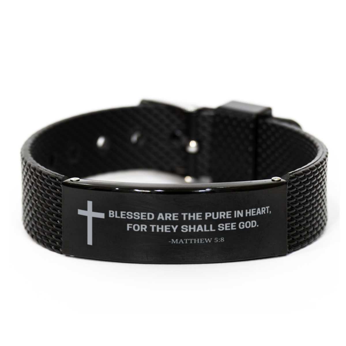 Baptism Gifts For Teenage Boys Girls, Christian Bible Verse Black Shark Mesh Bracelet, Blessed are the pure in heart, Catholic Confirmation Gifts for Son, Godson, Grandson, Nephew