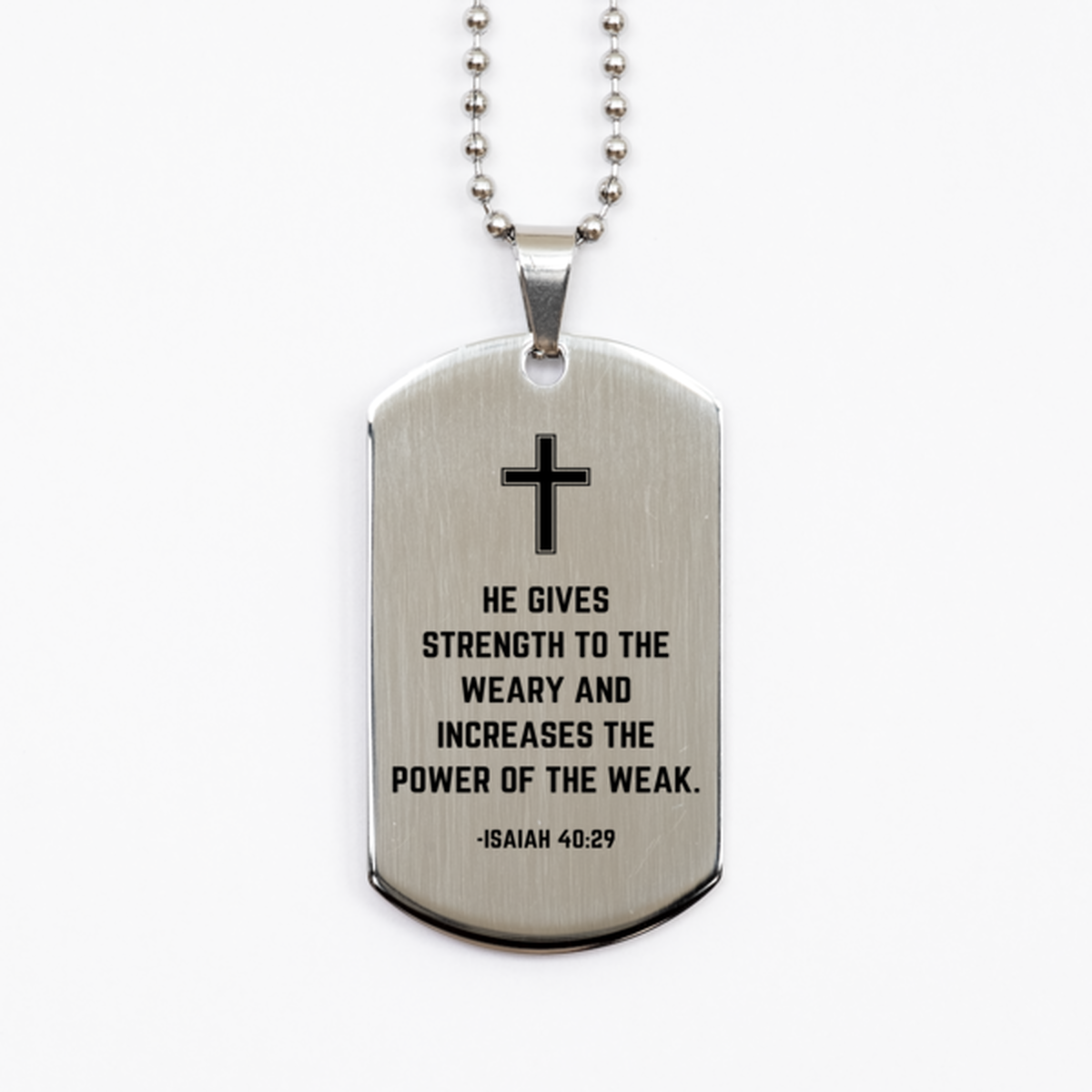 Baptism Gifts For Teenage Boys Girls, Christian Bible Verse Silver Dog Tag, He gives strength to the weary, Confirmation Gifts, Bible Verse Necklace for Son, Godson, Grandson, Nephew