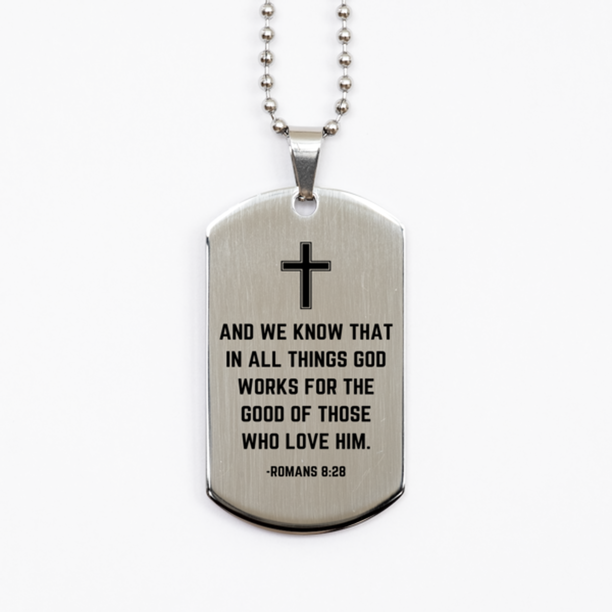 Baptism Gifts For Teenage Boys Girls, Christian Bible Verse Silver Dog Tag, And we know that in all things, Confirmation Gifts, Bible Verse Necklace for Son, Godson, Grandson, Nephew