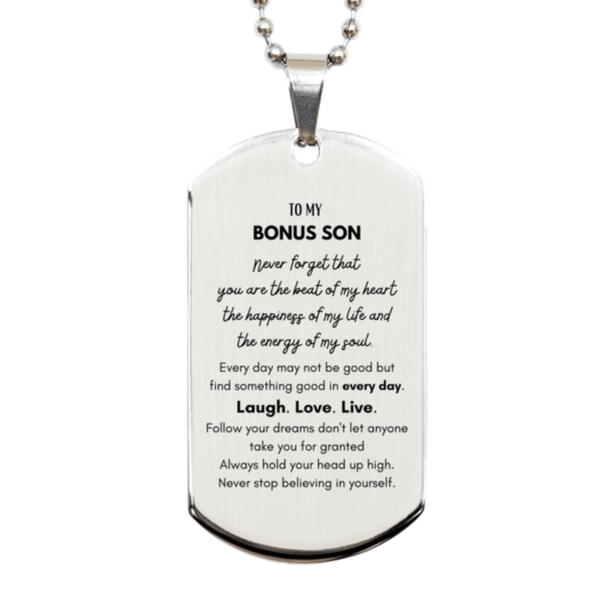 Bonus Son Silver Dog Tag Necklace - Never Forget You're Loved | Birthday Gift