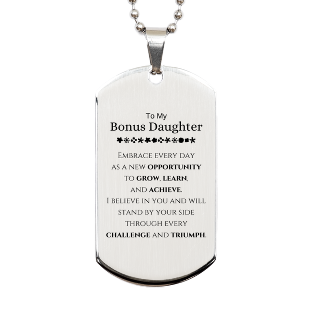 Bonus Daughter Silver Dog Tag Necklace - Inspirational Message | Birthday & Christmas Gift