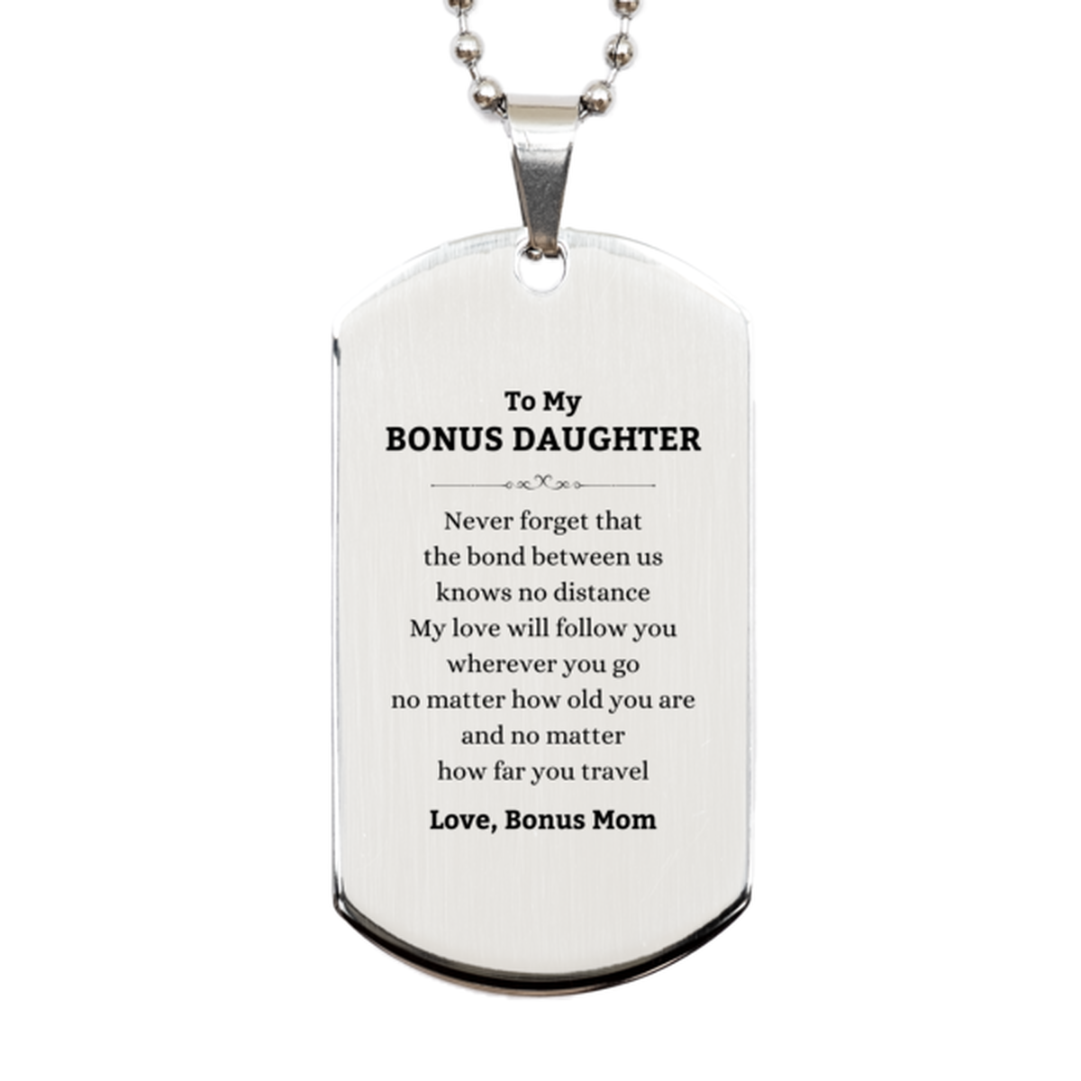 Bonus Daughter Silver Dog Tag Necklace - Love Between Us Design | Birthday & Christmas Gift