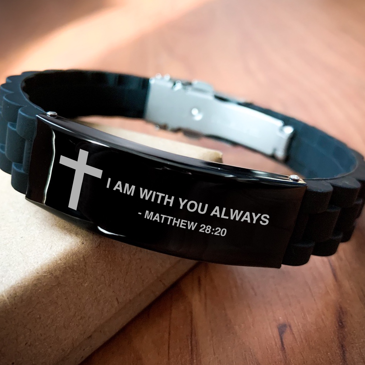 Bible Verse Black Bracelet, I Am With You Always, Matthew 28:20, Inspirational Christian Gifts For Men Women