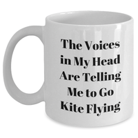 Load image into Gallery viewer, Comical Kite Flying White Coffee Mug, Funny Gift for Men, White Coffee Mug with Quote &#39;The Voices In My Head Are Telling Me To Go Kite Flying&#39;, Father&#39;s Day Unique Gifts from Friends or Family - Main
