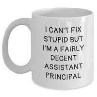 Load image into Gallery viewer, Funny Assistant Principal White Coffee Mug Gifts from Women to Men, I Can&#39;t Fix Stupid But I&#39;m A Fairly Decent Assistant Principal, Mother&#39;s Day Unique Gifts - Main
