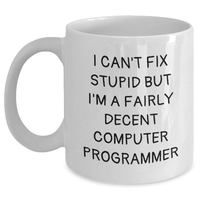 Load image into Gallery viewer, Funny Computer Programmer Gifts, White Coffee Mug, &#39;I Can&#39;t Fix Stupid But I&#39;m A Fairly Decent&#39; - Gifts from Friends for Computer Programmer Dad - Main
