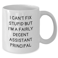Load image into Gallery viewer, Funny Assistant Principal White Coffee Mug Gifts from Women to Men, I Can&#39;t Fix Stupid But I&#39;m A Fairly Decent Assistant Principal, Mother&#39;s Day Unique Gifts - Additional
