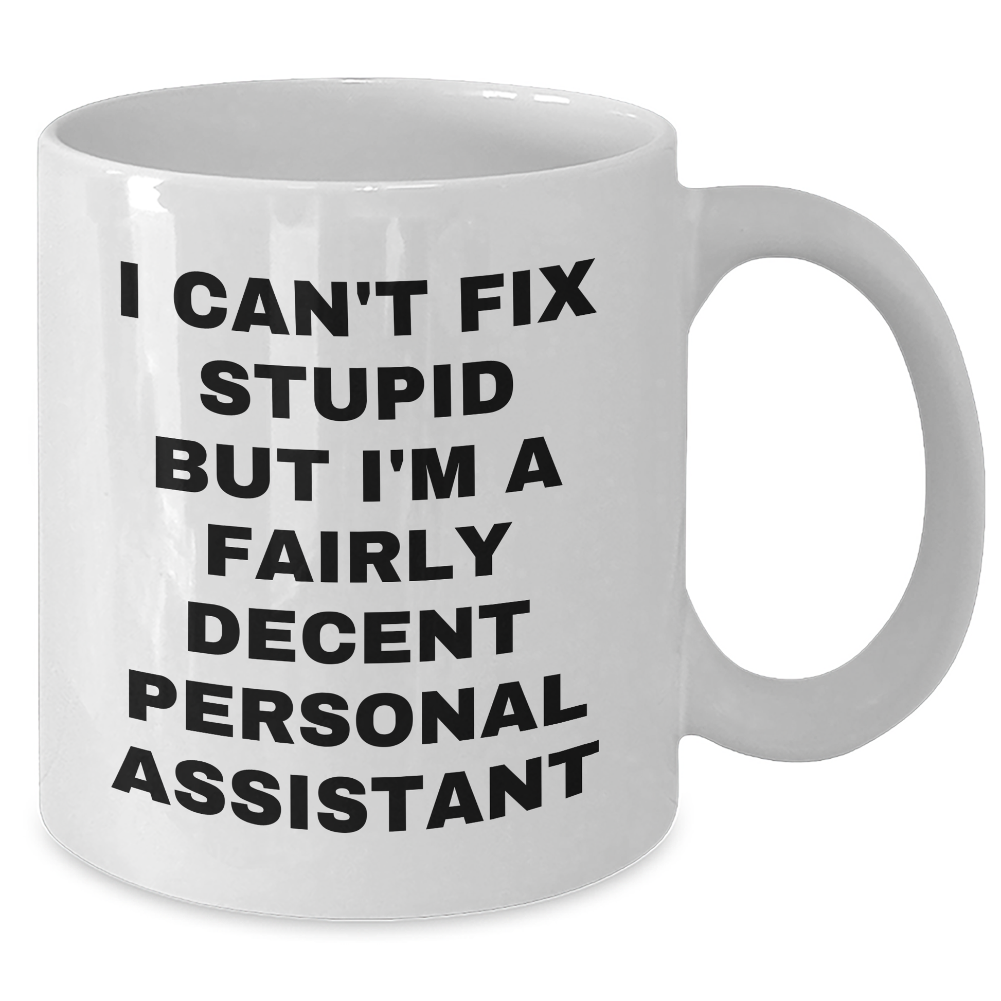 Funny Personal Assistant Gifts from Friends for Men, White Coffee Mug, 'I Can't Fix Stupid But I'm A Fairly Decent Personal Assistant' - Additional