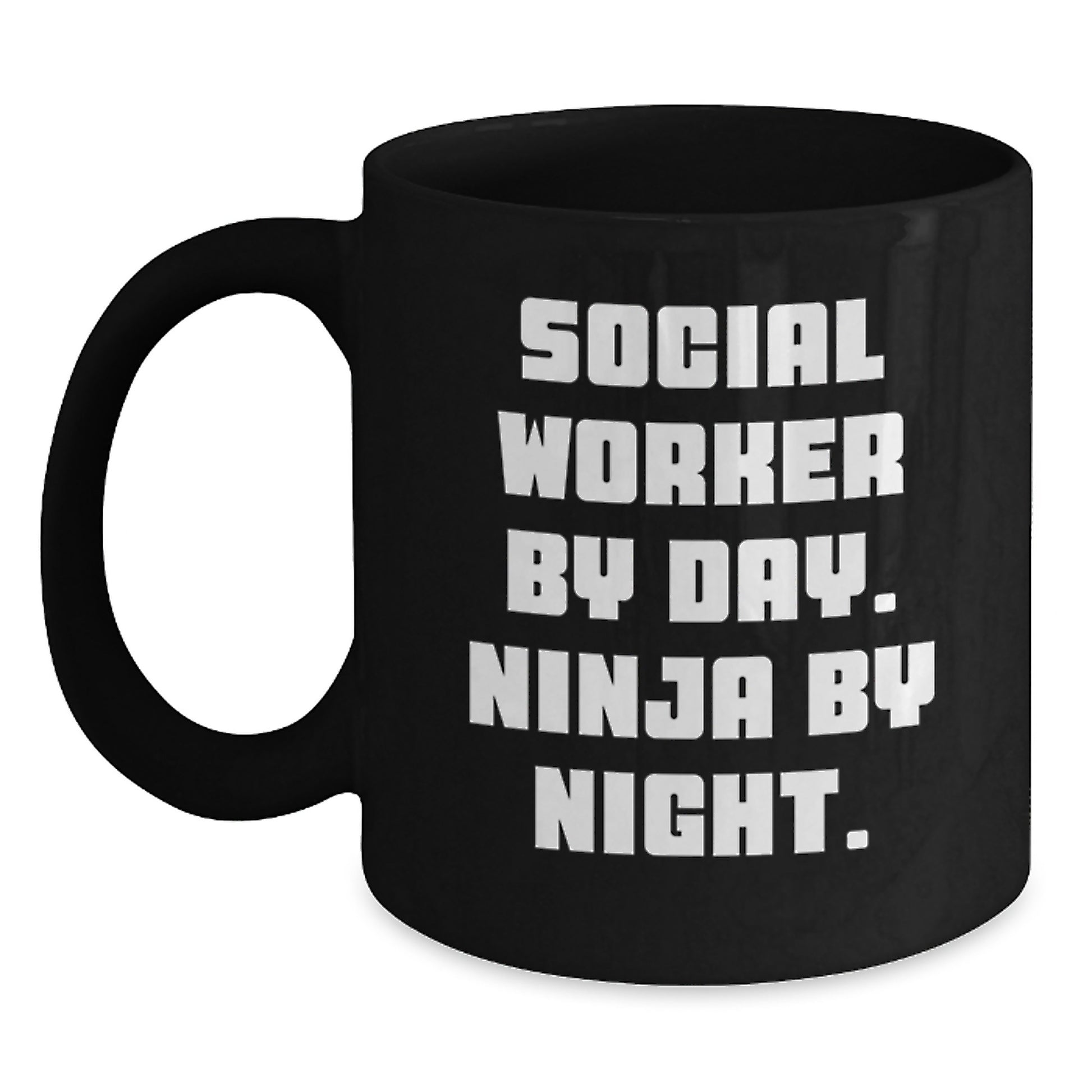 Funny Social Worker Gifts from Friends for Men, Black Coffee Mug, 'Social Worker By Day. Ninja By Night.' - Main