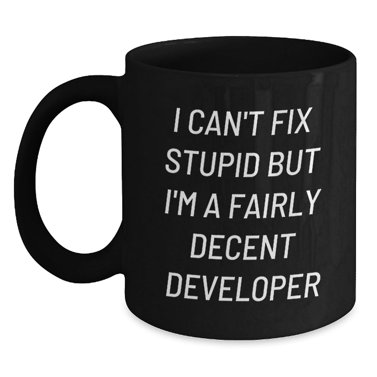 Funny Developer Gifts from Friends for Him Birthday Unique Mug - 'I Can't Fix Stupid But I'm A Fairly Decent Developer' Quote - Main