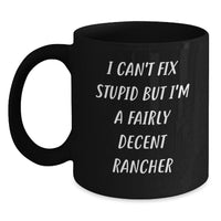 Load image into Gallery viewer, Funny Rancher Humor Black Coffee Mugs Gifts for Men Women Friends from Family - I Can&#39;t Fix Stupid But I&#39;m A Fairly Decent Rancher, Christmas Unique Gifts for Ranchers, Black Coffee Mug - Main
